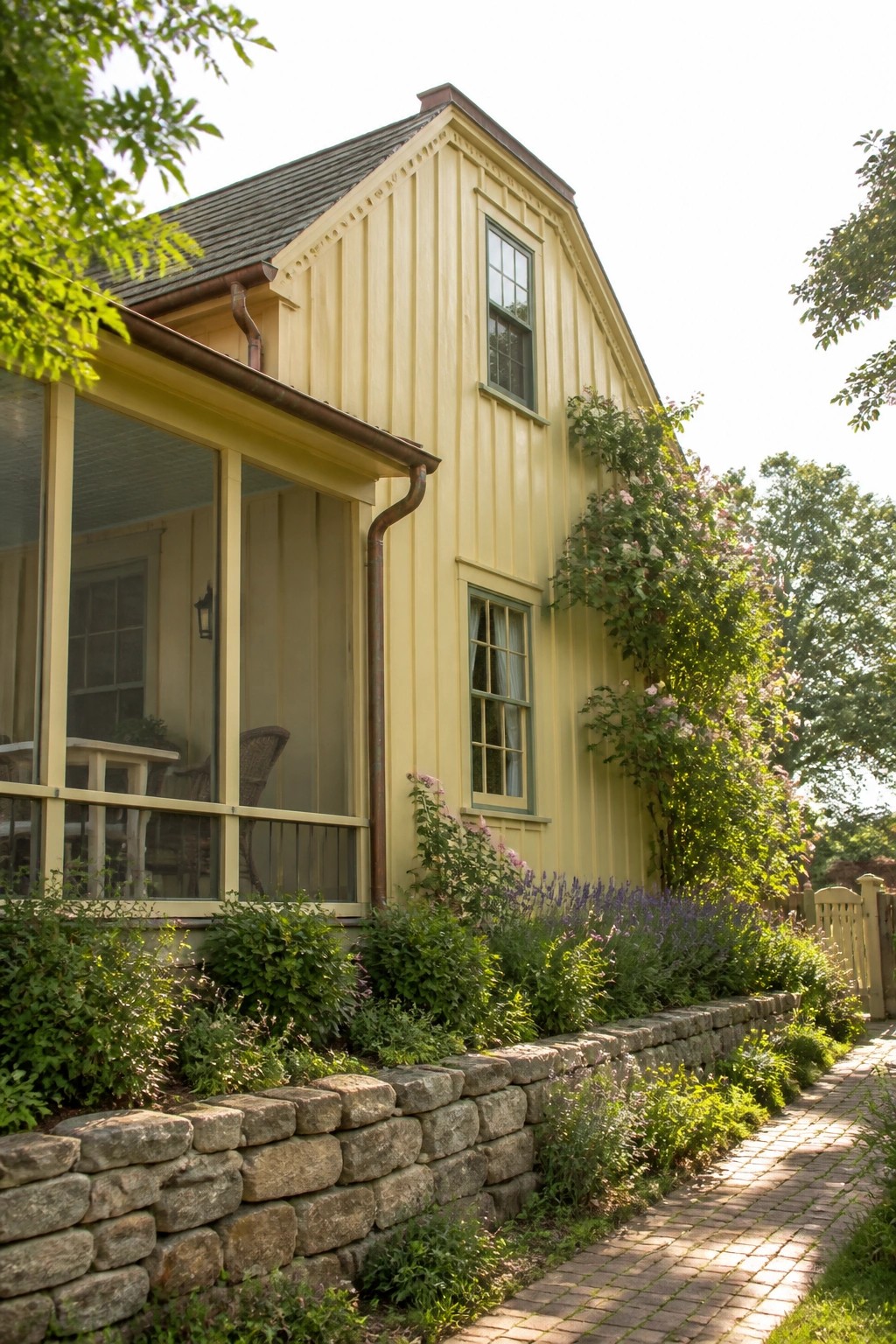 A pale yellow Victorian farmhouse exterior with green window trim, a stone retaining wall at the front, and flowering shrubs along a brick path.