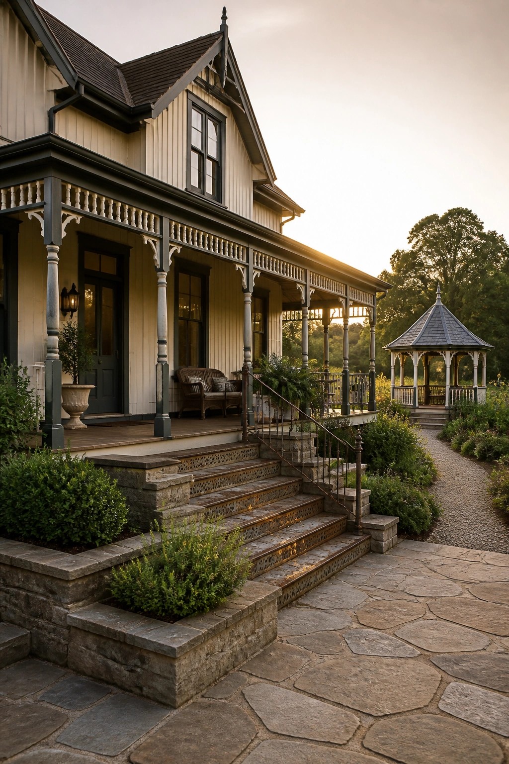 A Victorian farmhouse exterior with a large front porch, wide stone steps, and decorative metal railings leading to the entrance.