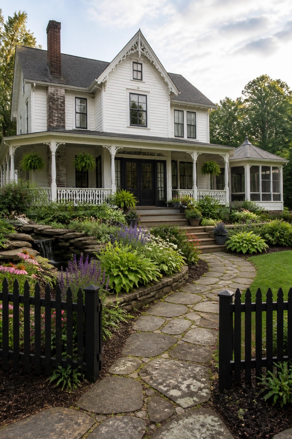White Victorian house with stone path, porch, garden, and waterfall.