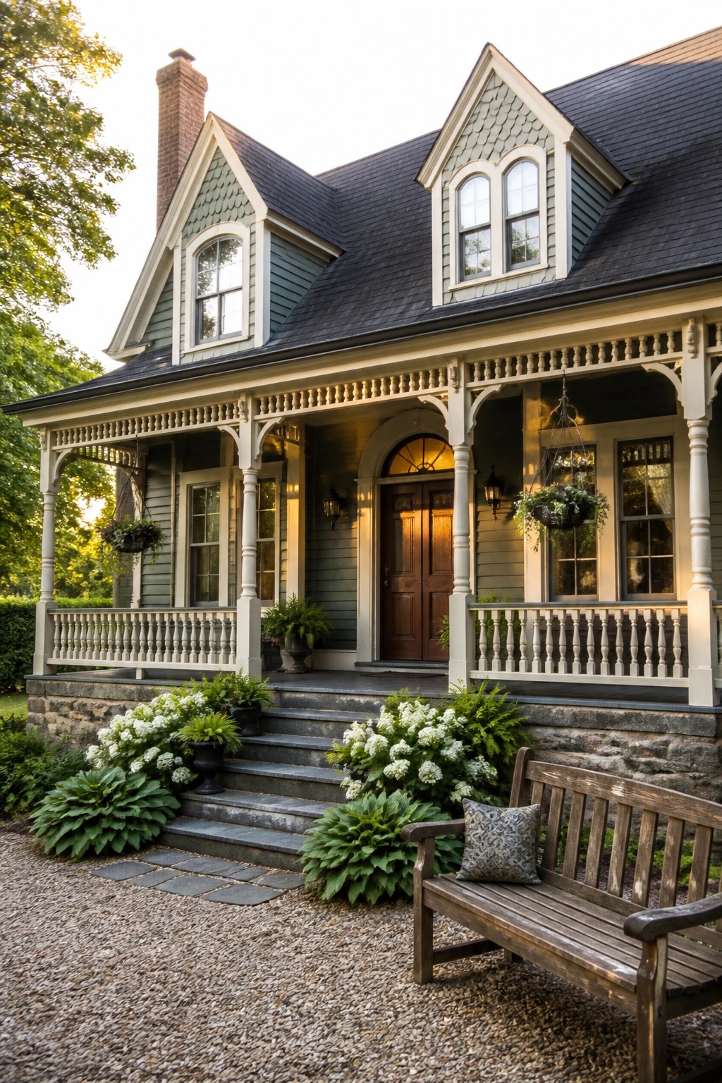 Charming Victorian home with wraparound porch, flower beds, and wooden bench