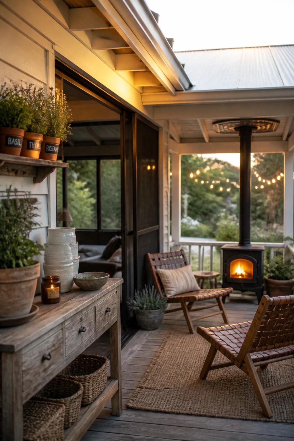 A wooden porch features woven lounge chairs on a jute rug, a black wood stove with visible fire, potted herbs, and an open door to the interior.