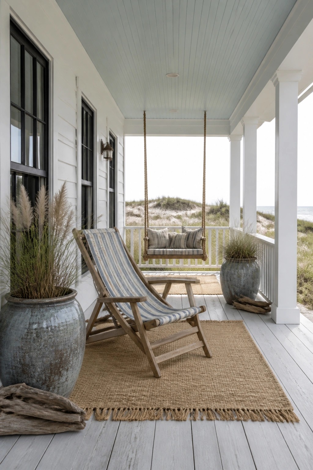 Striped wooden lounge chair on porch with hanging swing overlooking beach dunes.