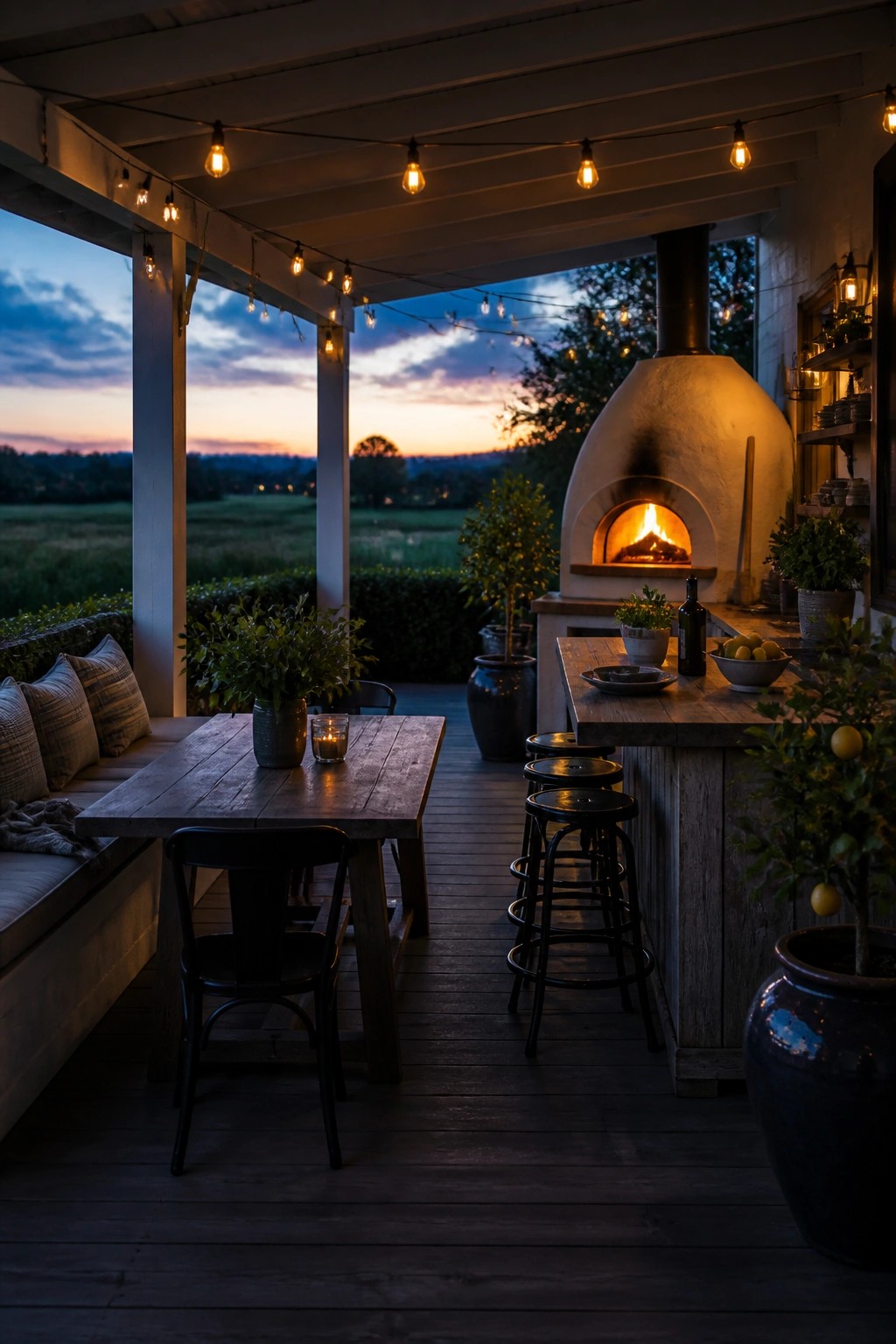 A covered wooden porch at dusk with a long dining table, black chairs, a built-in wood-fired oven, string lights overhead, and a rural landscape in the background.