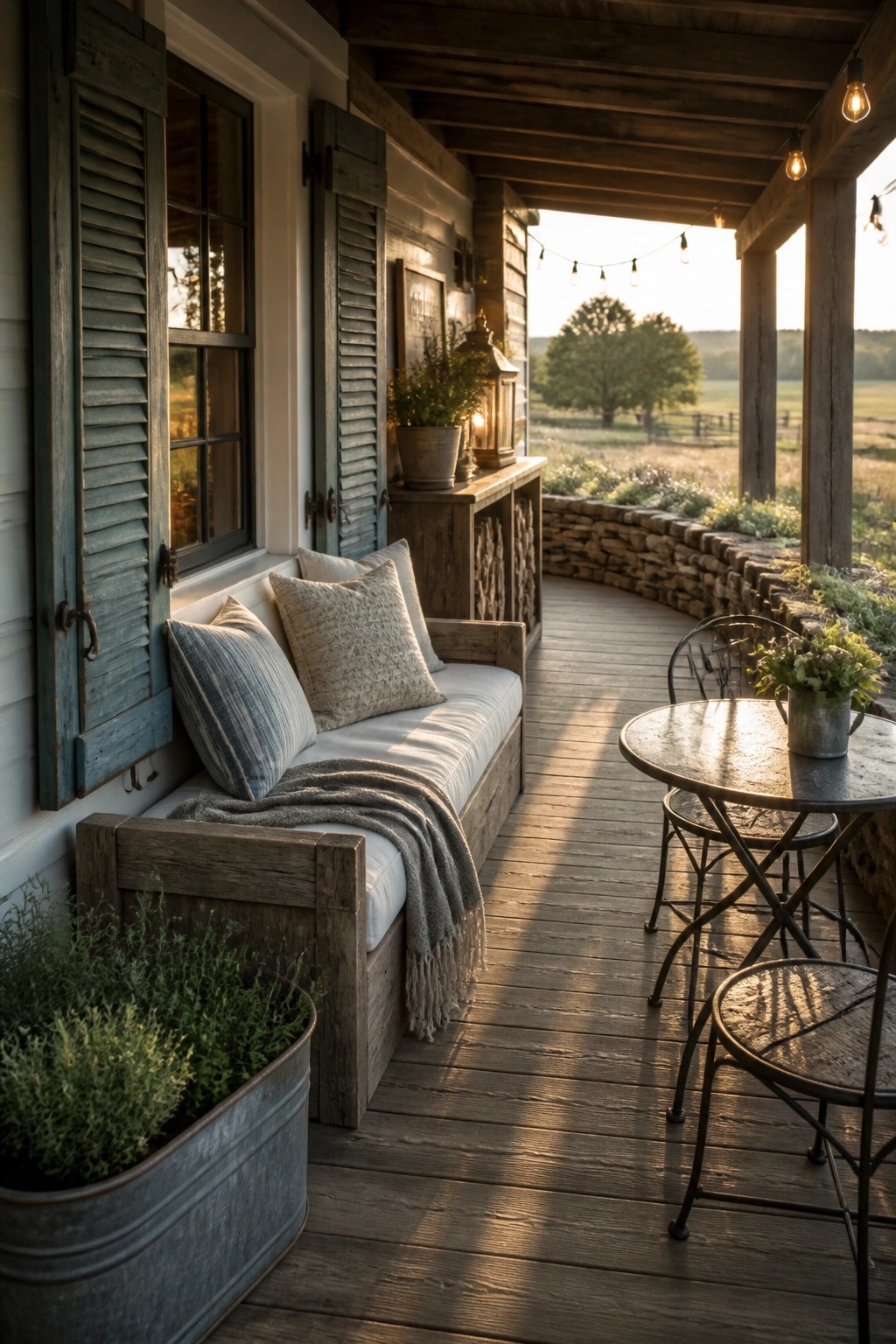 A wooden farmhouse porch featuring a cushioned bench against the wall, a round metal table with chairs, string lights, and a view of fields and trees.