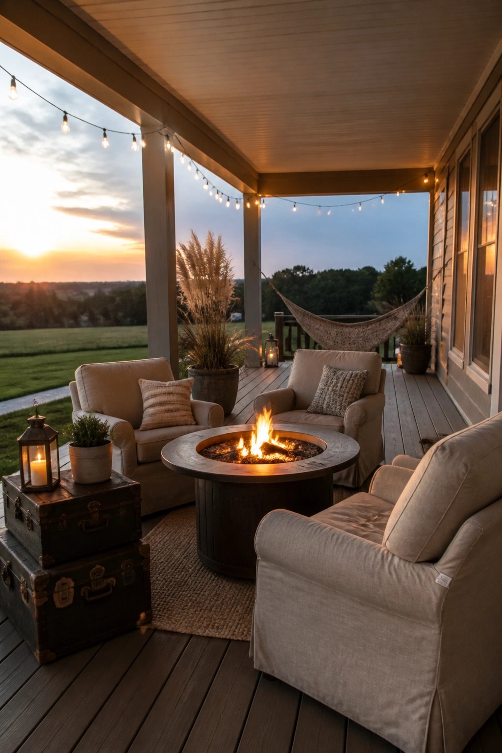 A farmhouse porch at dusk with a round fire pit surrounded by cushioned armchairs, string lights overhead, stacked trunks, and a hammock in the background.