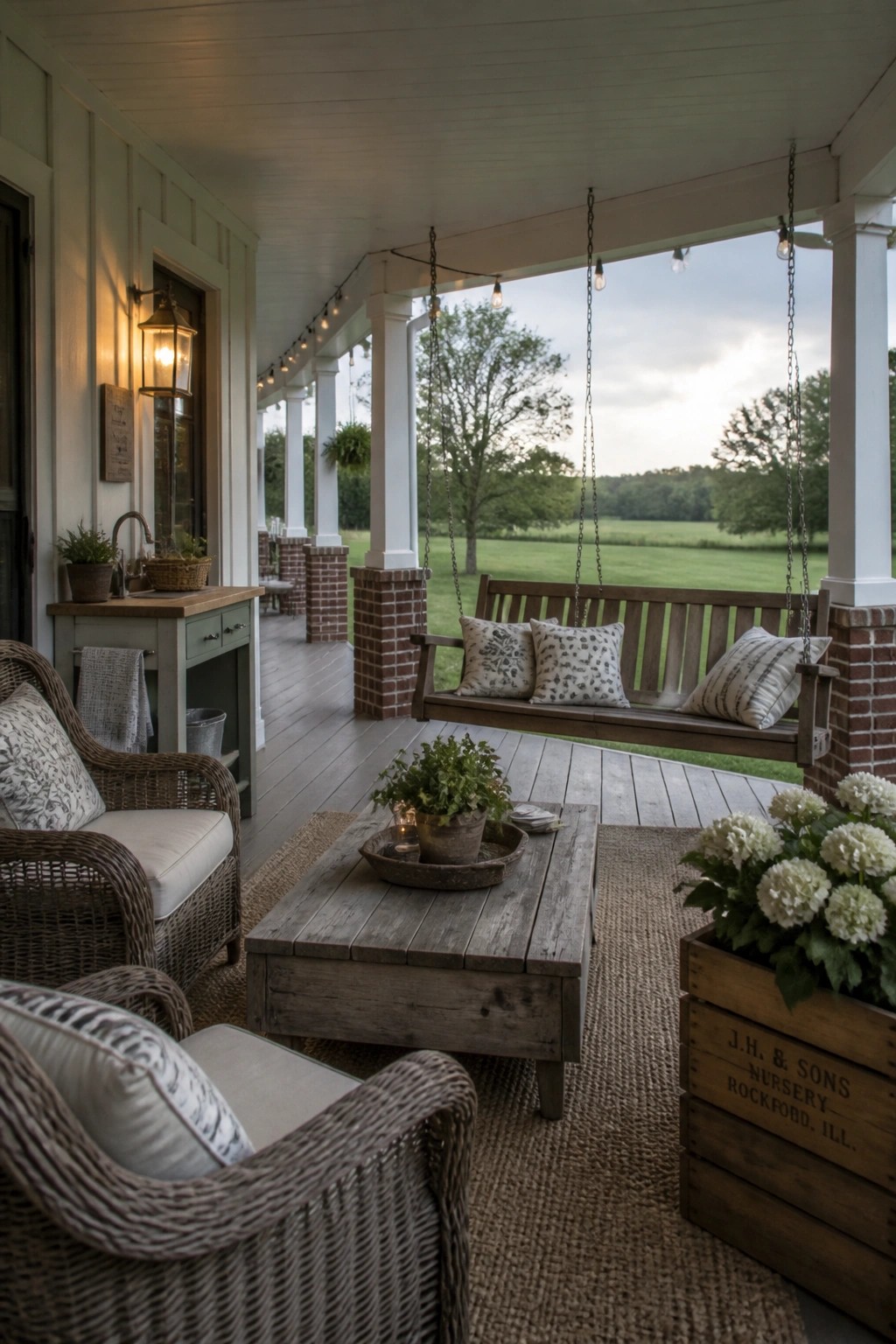 Rustic farmhouse porch with wooden swing, wicker chairs, coffee table, string lights, and field view.