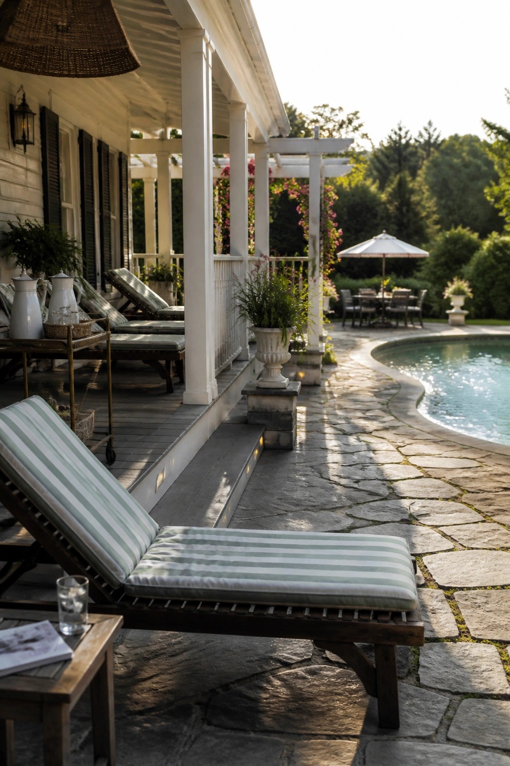 A white wraparound porch with striped lounge chairs sits beside a stone patio that curves around a swimming pool.