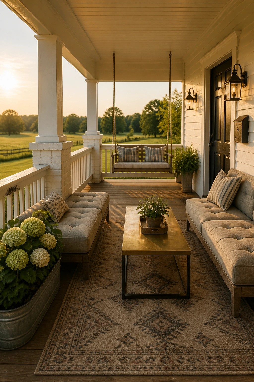 Rustic porch with hanging swing, sofas, coffee table on rug overlooking countryside at sunset.