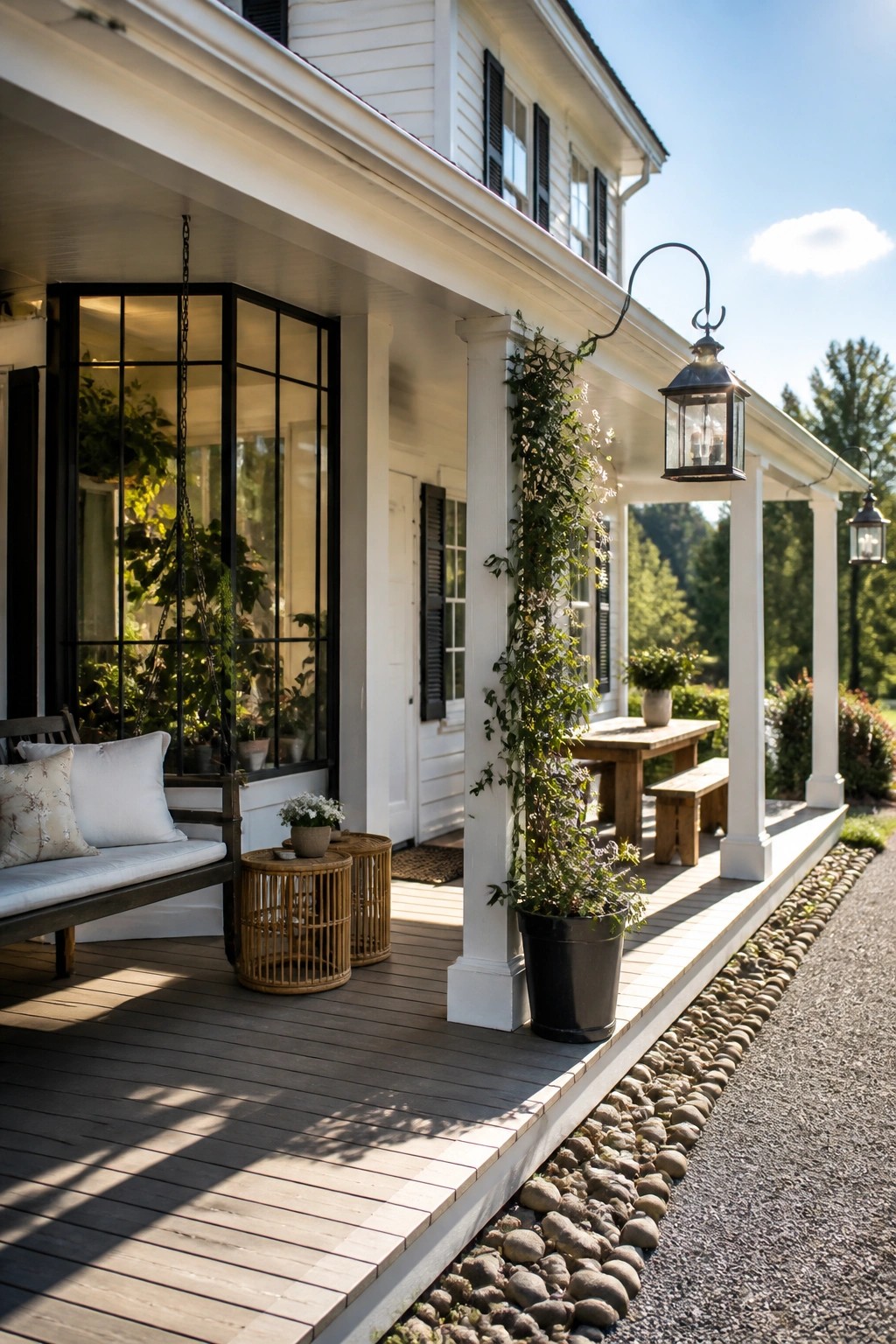 A white farmhouse with a wraparound wooden porch showing a hanging bench swing with cushions, side tables, a picnic table, potted plants, and black lanterns along the roofline.