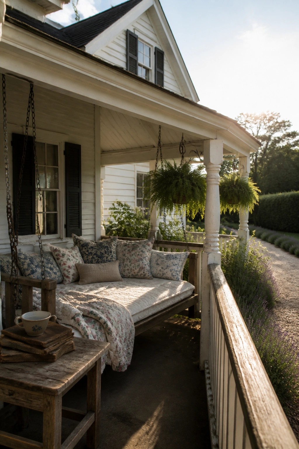 A wooden porch swing with floral cushions and a quilt hangs from chains on a white farmhouse porch beside a small wooden table.