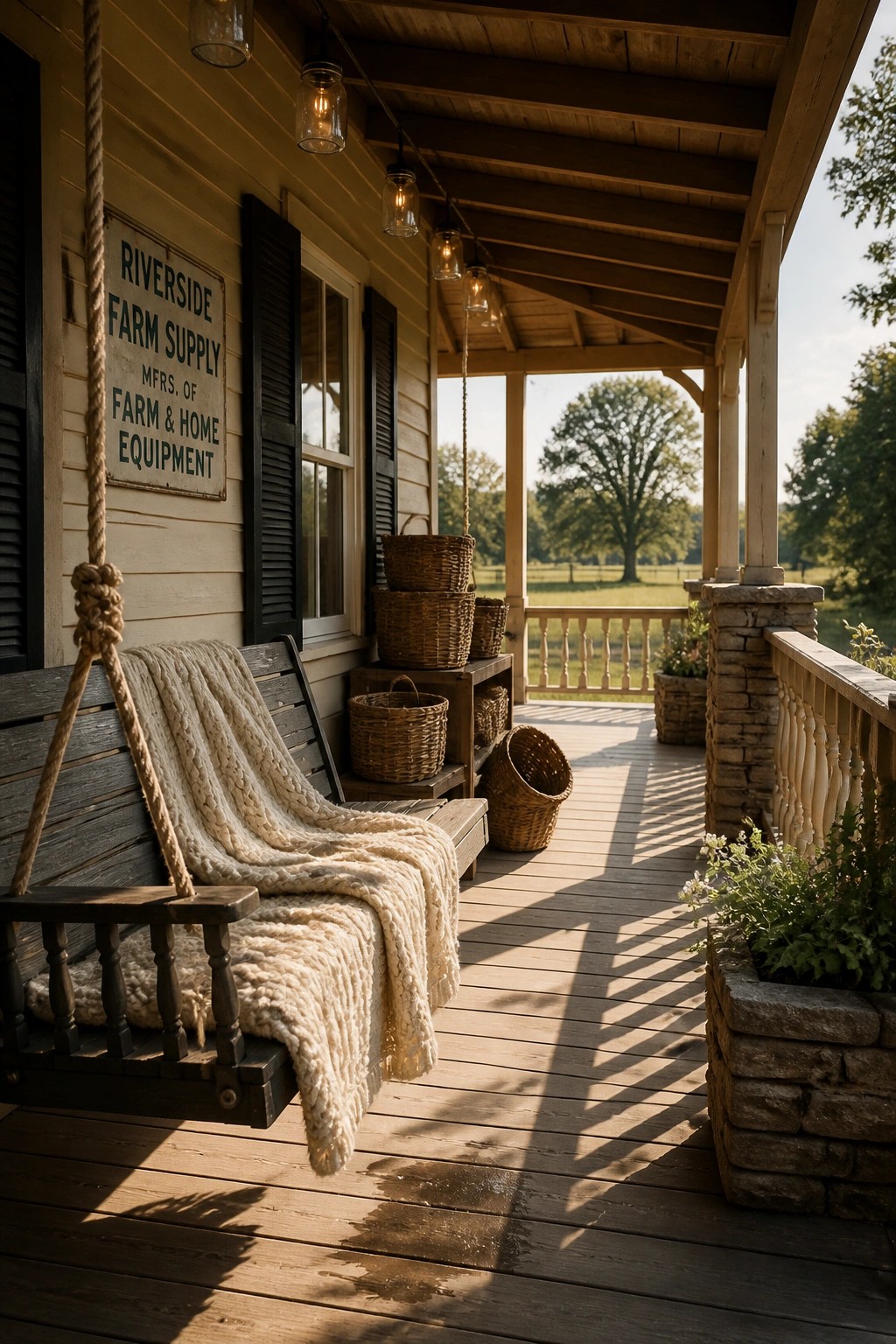 A wooden porch swing with a cream knit blanket hangs on a farmhouse porch beside stacked wicker baskets and string lights.