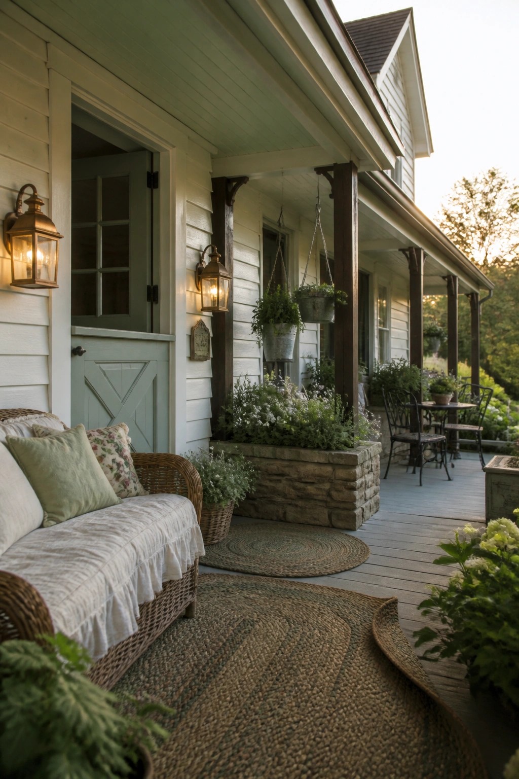 Cozy farmhouse porch with wicker sofa, hanging plants, lanterns, and braided rugs at dusk