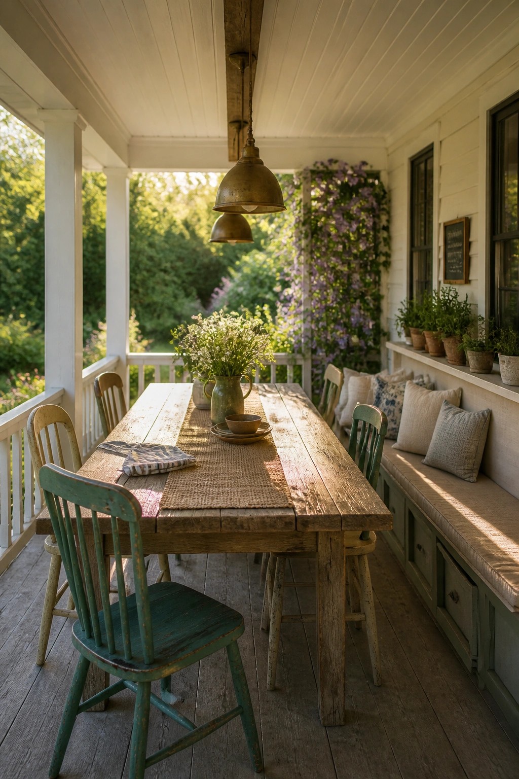 A rustic wooden dining table with green chairs and a cushioned bench sits on a white wraparound porch under hanging metal lights, with potted plants and climbing flowers along the railing.