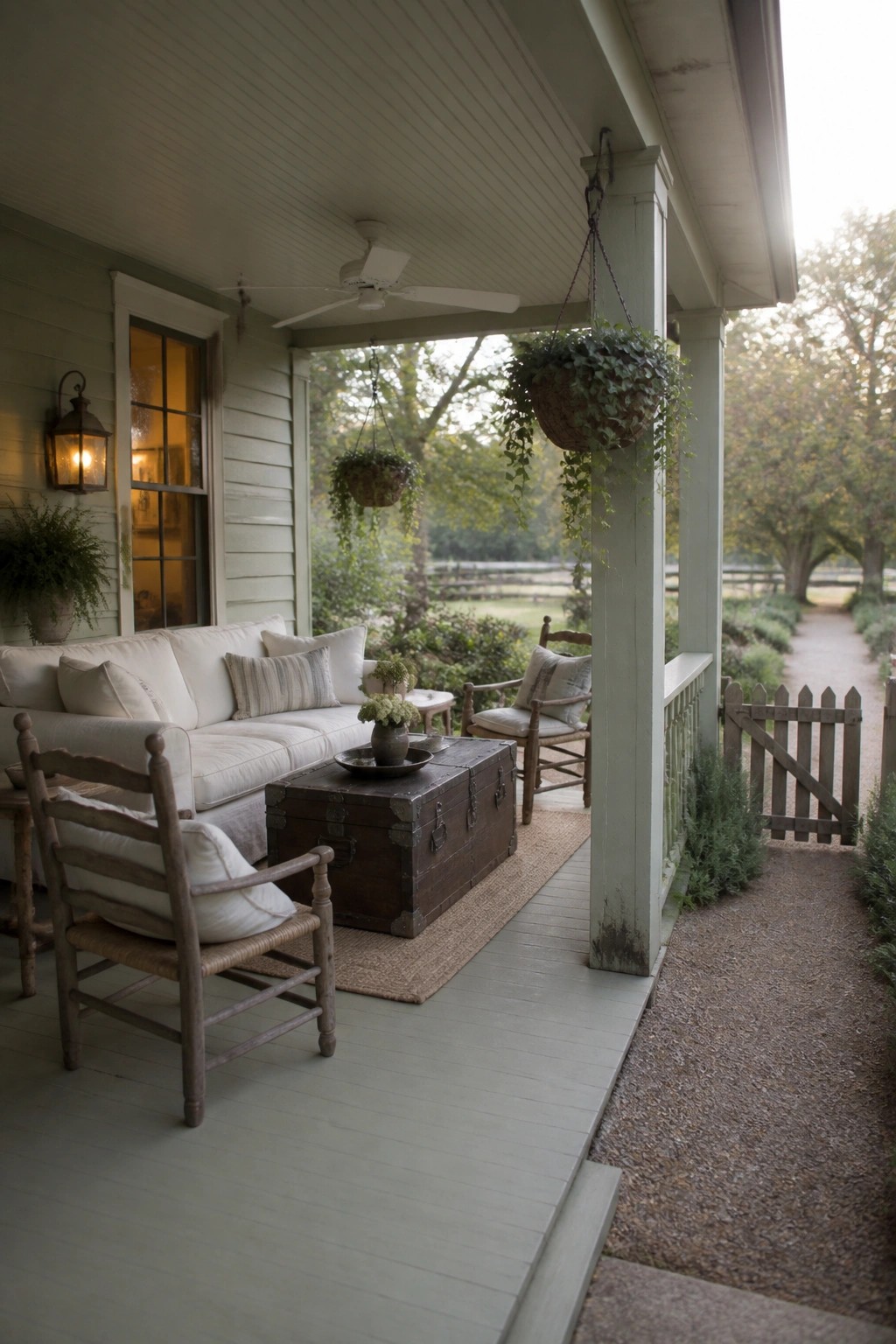 A light green farmhouse porch furnished with a white sofa, two wooden rocking chairs, a dark trunk used as a coffee table, and hanging baskets, with a wooden gate and gravel path visible beyond the railing.