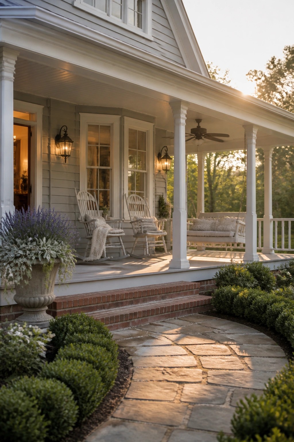 A white farmhouse with a wraparound porch that has two rocking chairs, a hanging swing, brick steps, and a stone walkway in front.