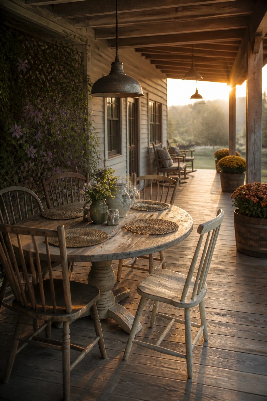 A round wooden dining table with mixed wooden chairs sits on a farmhouse porch beside hanging metal lights and potted flowers.
