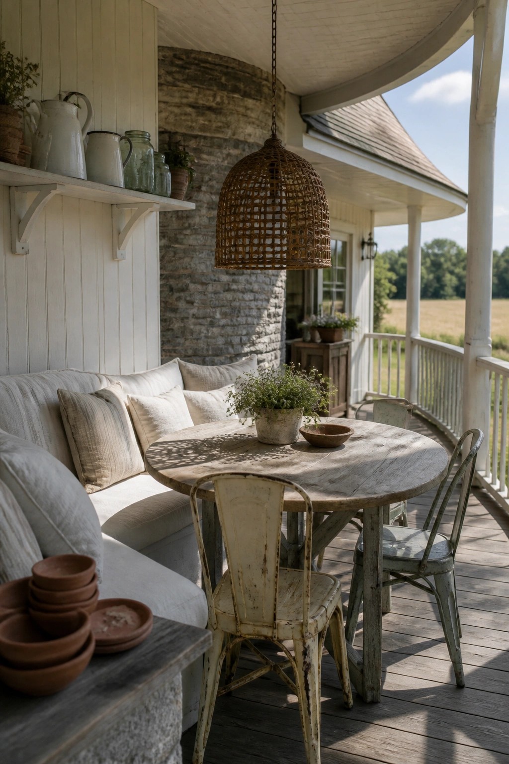 A round wooden table with mixed chairs and a cushioned bench on a white wraparound porch, with a large woven pendant light hanging above.