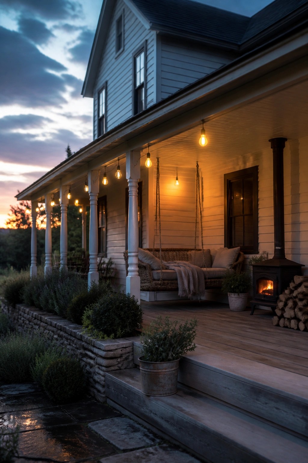 A white farmhouse with a wraparound porch at dusk, showing string lights, a hanging porch swing, and a wood stove on the deck.