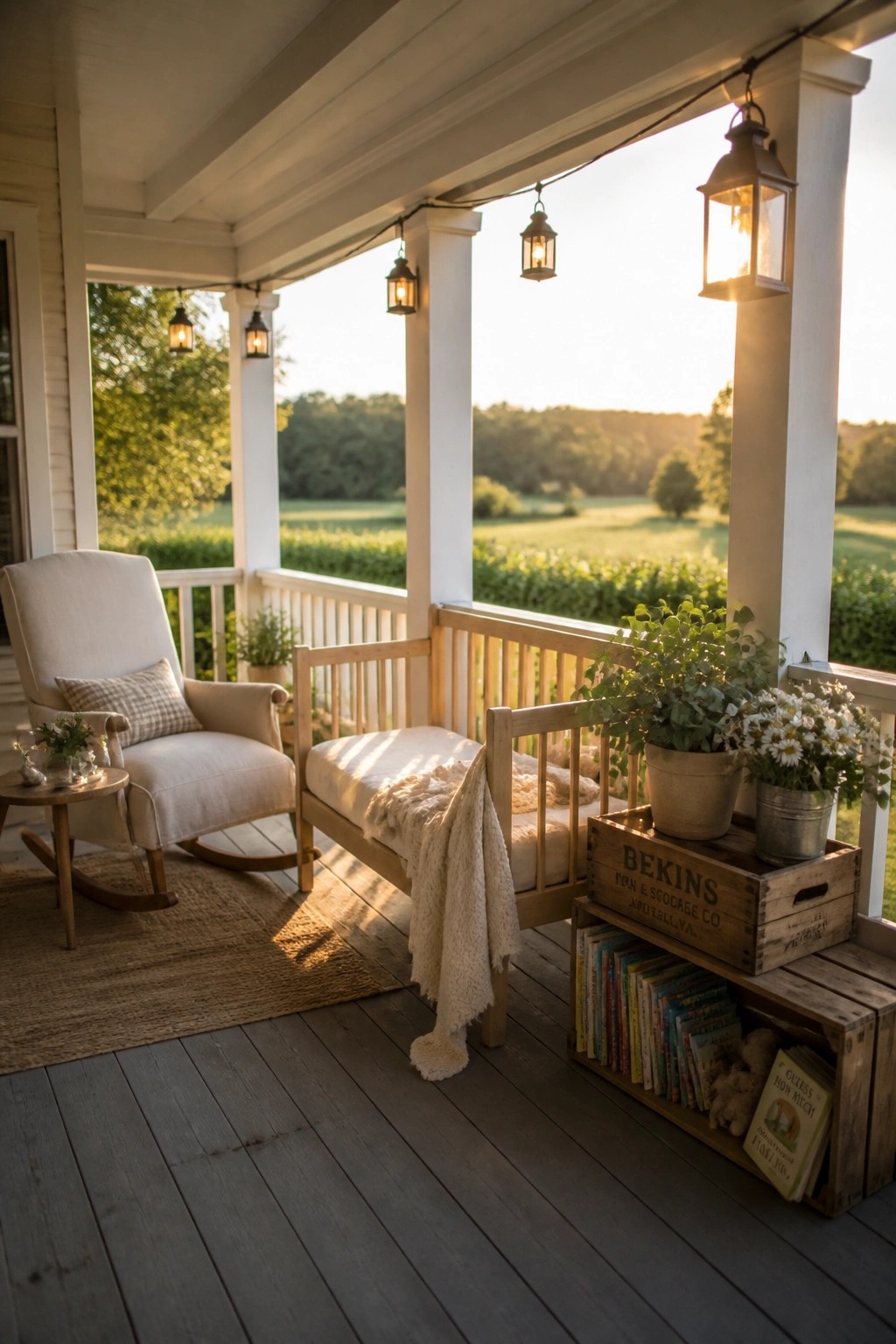 A wraparound farmhouse porch with a rocking chair, wooden bench, hanging lanterns, and stacked wooden crates holding books and potted plants overlooking fields at sunset.