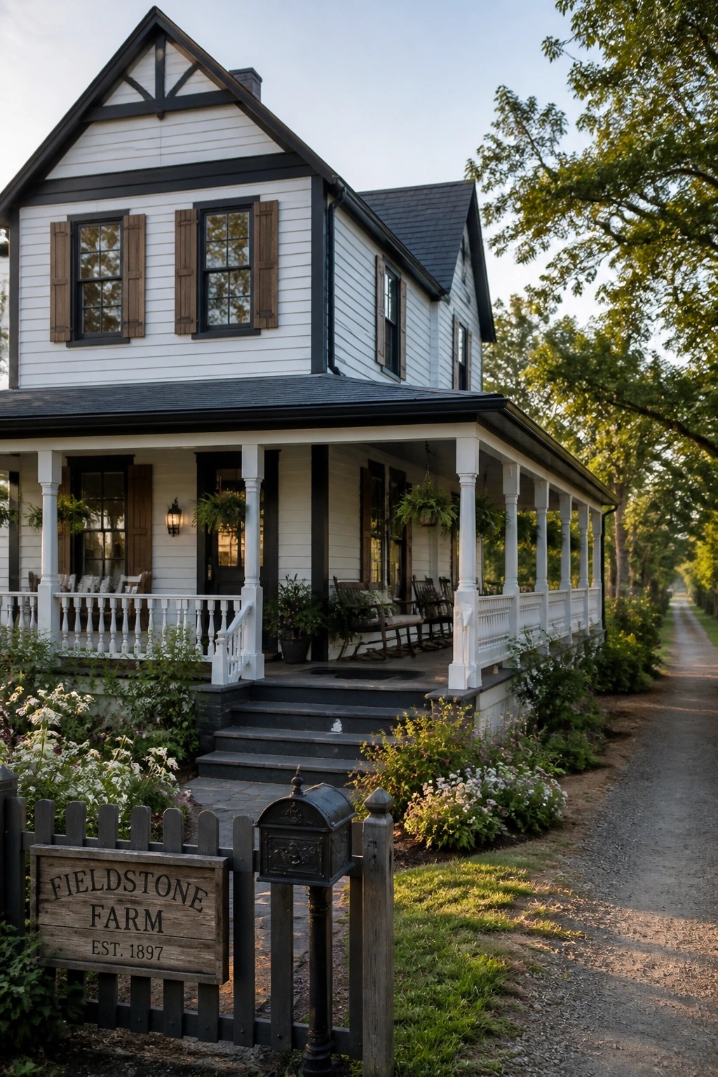 White farmhouse siding with dark trim.
