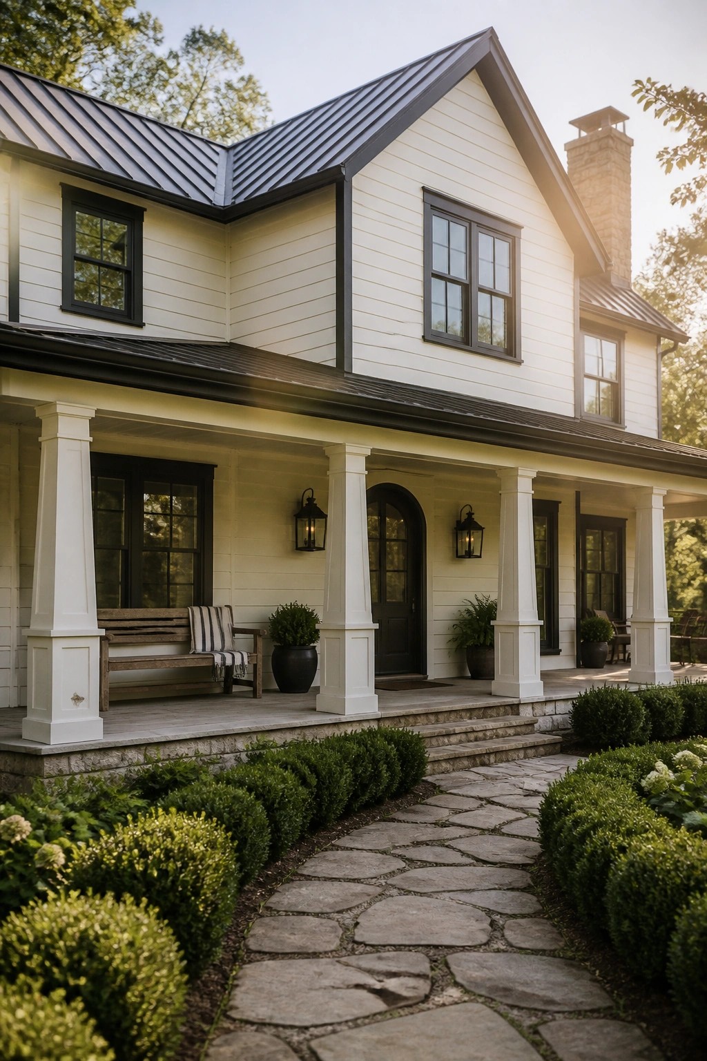 White farmhouse siding with dark trim and windows.