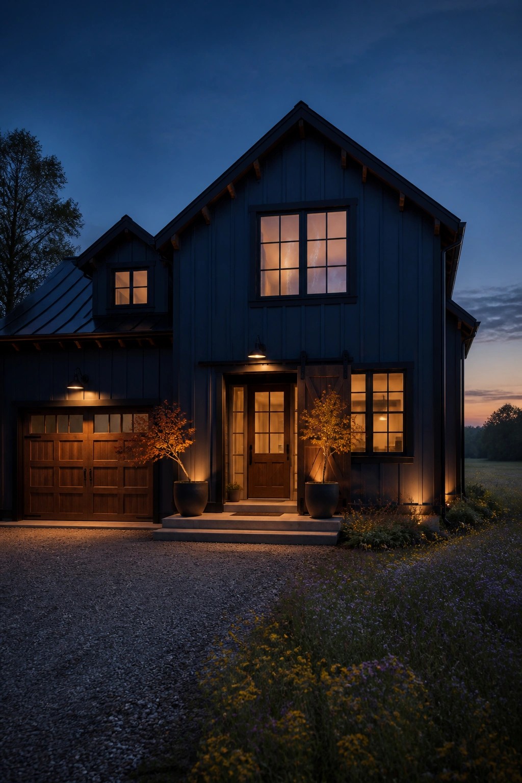 A farmhouse exterior with dark navy blue siding and wood accents.