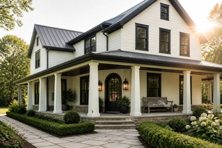 21 Farmhouse Exterior Colors With Dark Trim for Sharp Definition White farmhouse siding with dark trim and windows.