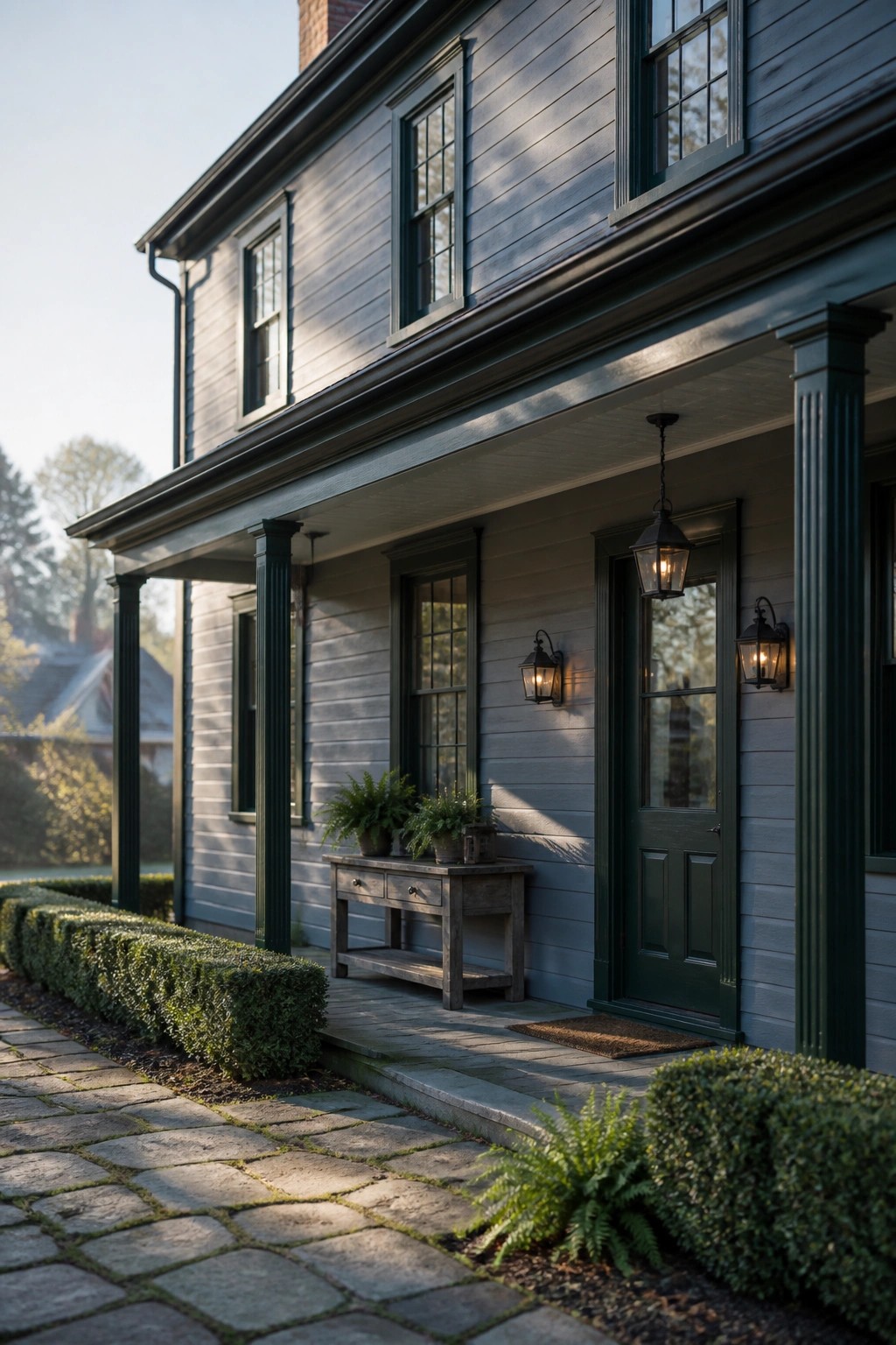 A farmhouse exterior with muted blue gray siding and dark trim.