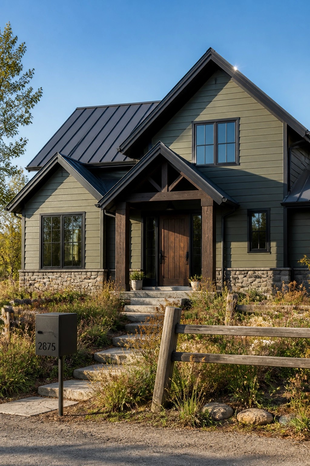 Green modern farmhouse with dark metal roof, stone base, and wooden porch steps.