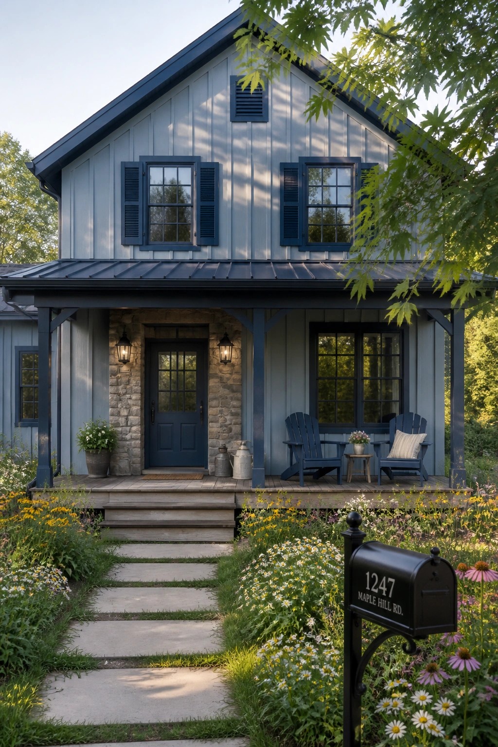 A farmhouse with soft blue gray siding and dark trim.