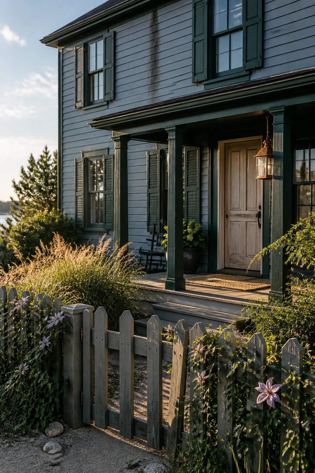 Light blue gray siding on a farmhouse exterior with dark trim.