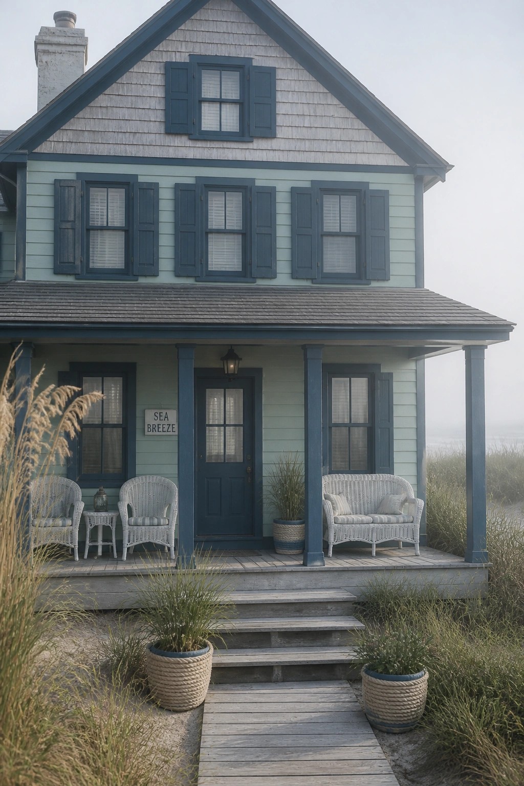 Farmhouse exterior with soft blue-green siding and dark trim.