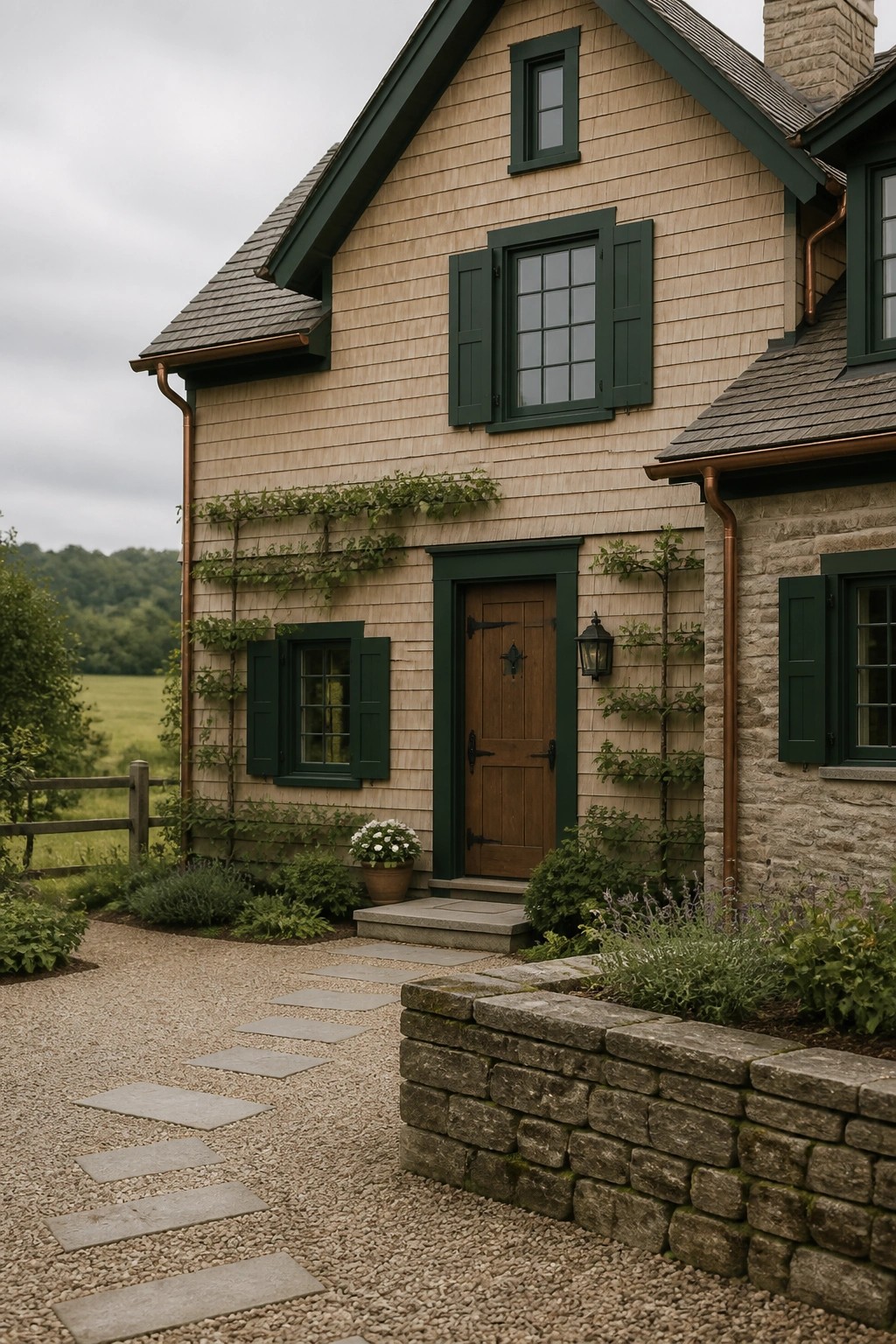 Farmhouse exterior with light greige siding and dark green trim.