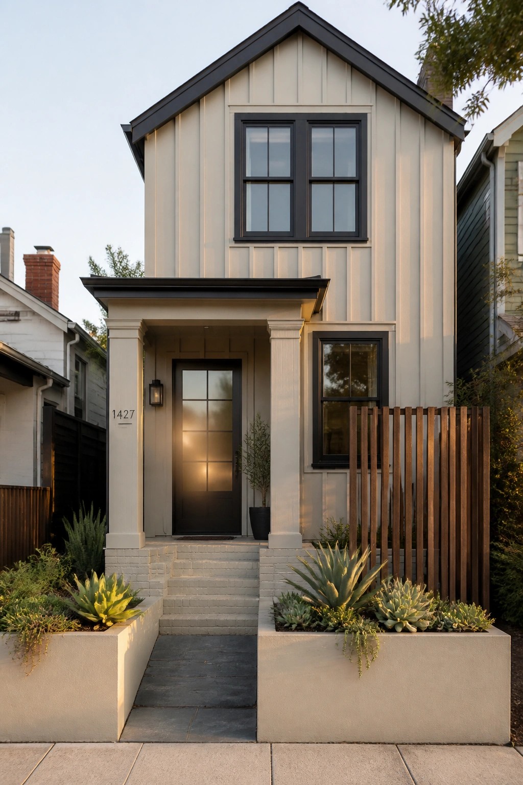 A two-story house with light greige siding and dark trim.