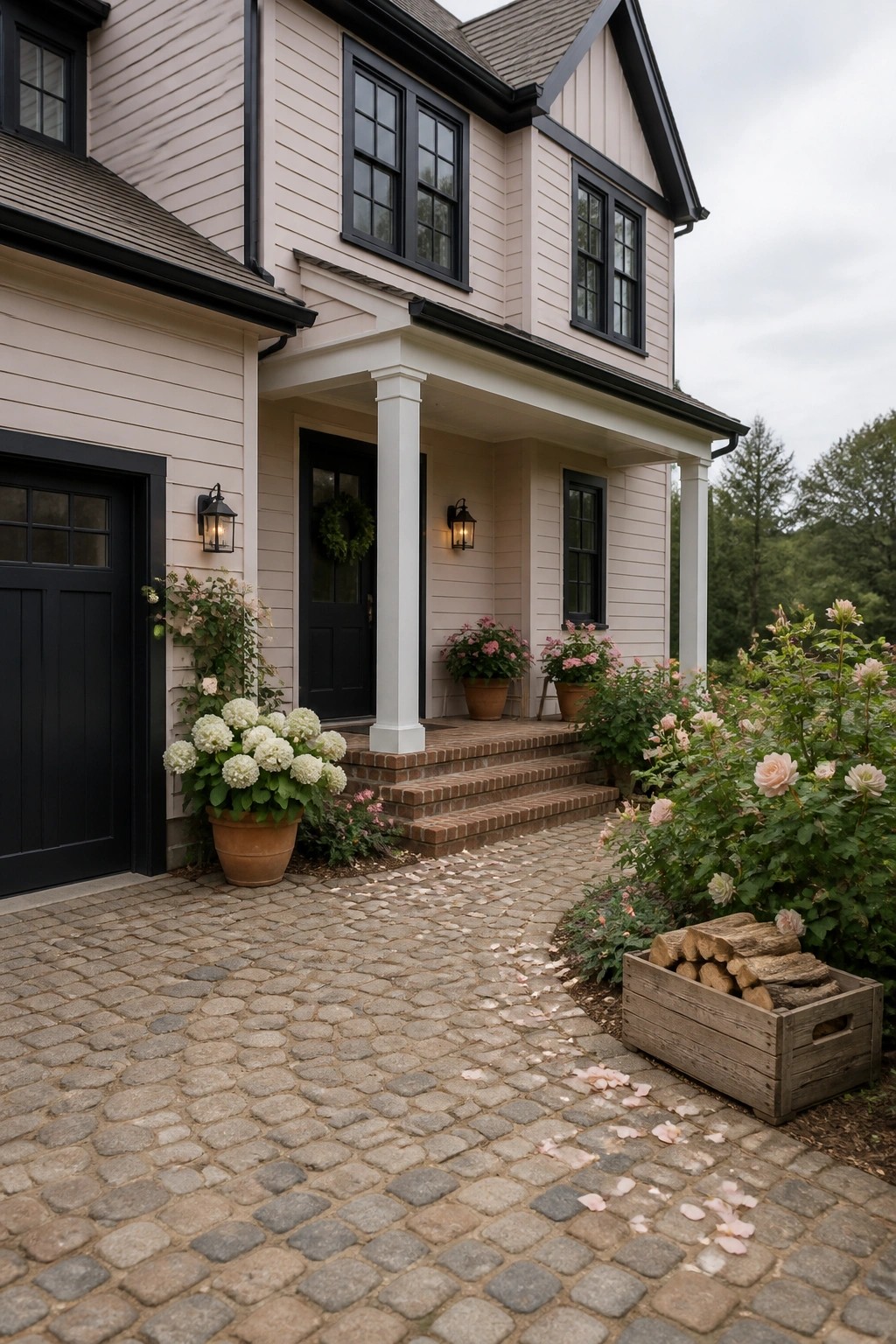 A farmhouse exterior with soft greige siding and black trim.
