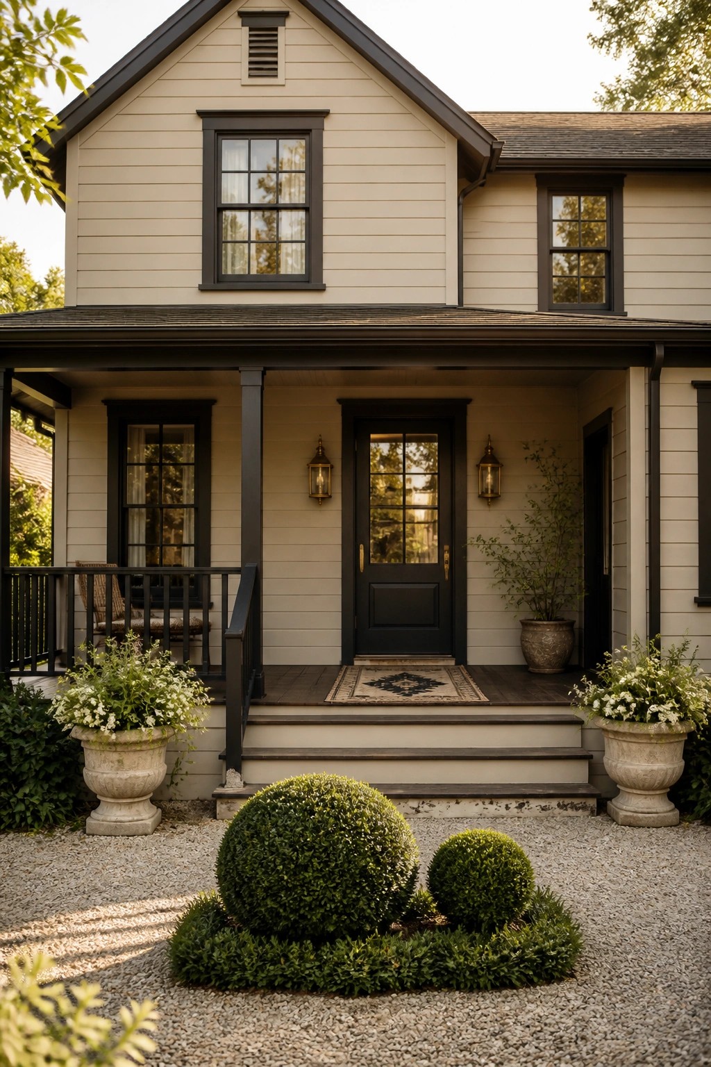 Light greige siding on a farmhouse with dark trim and a covered porch.