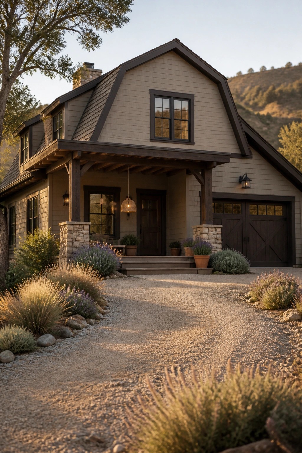 A farmhouse with light greige siding and dark trim.