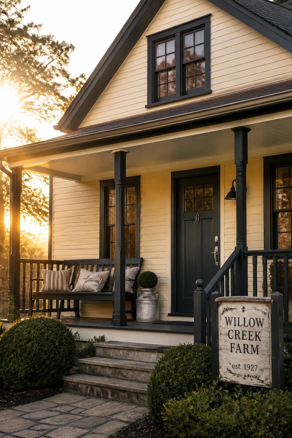 A farmhouse exterior with soft yellow siding and dark trim.