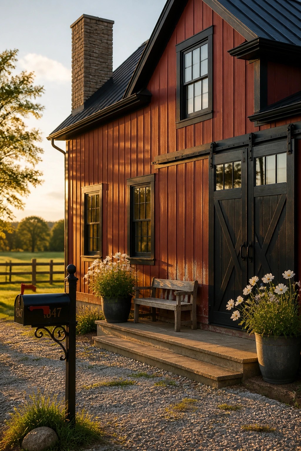 Red wooden siding on a farmhouse with dark trim and steps.
