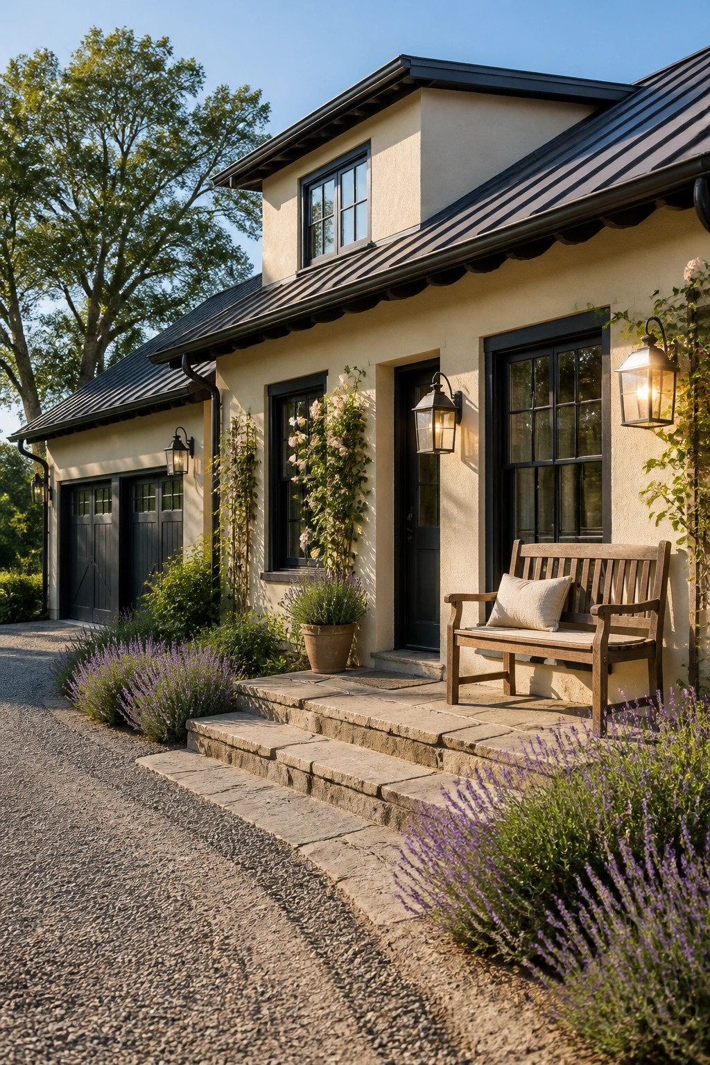 Farmhouse exterior with warm beige siding and dark trim.