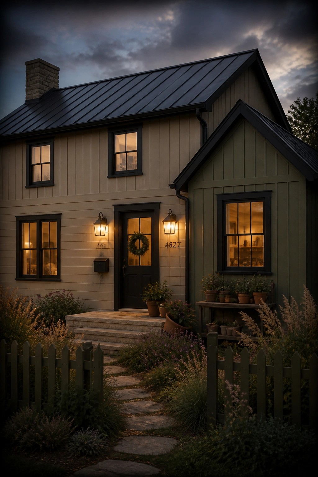 Light greige siding on a farmhouse exterior with dark trim.