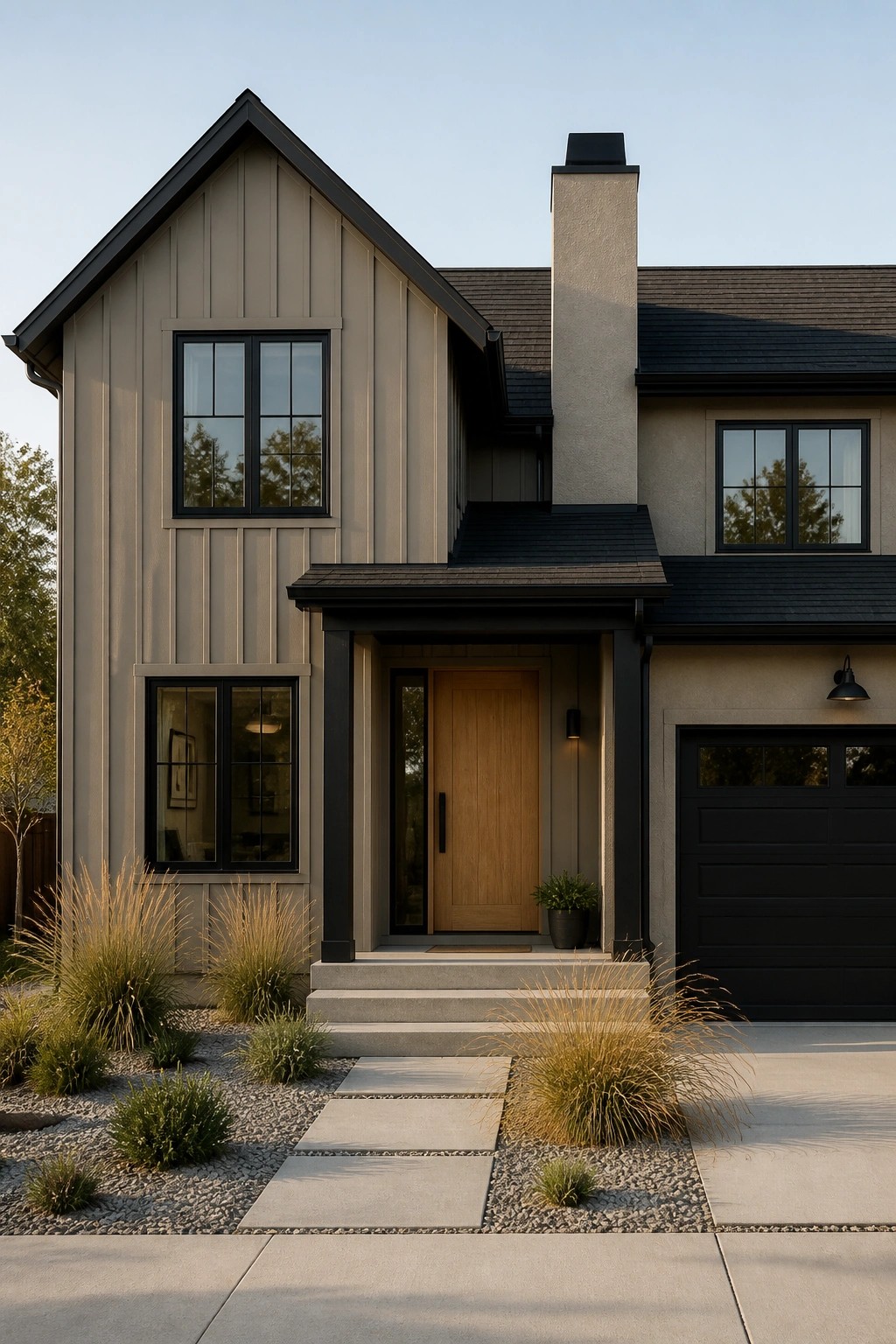 A two-story farmhouse with warm greige siding and dark trim.