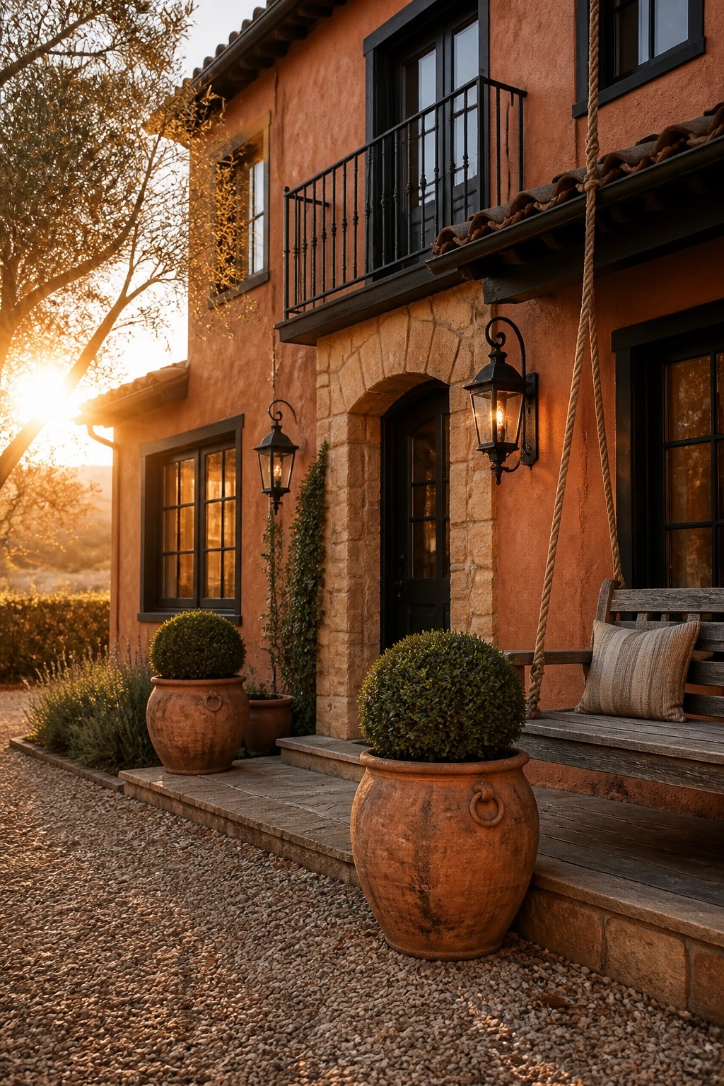 Warm terracotta stucco siding on a farmhouse exterior with dark trim.