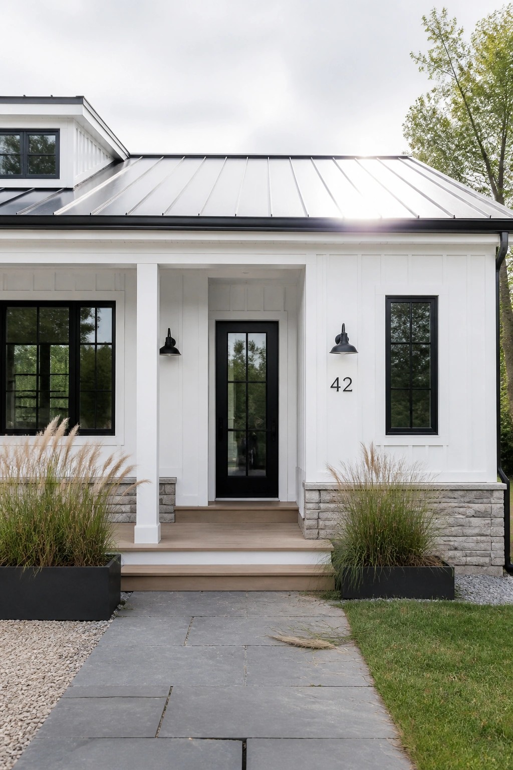 White board and batten siding on a modern farmhouse exterior.