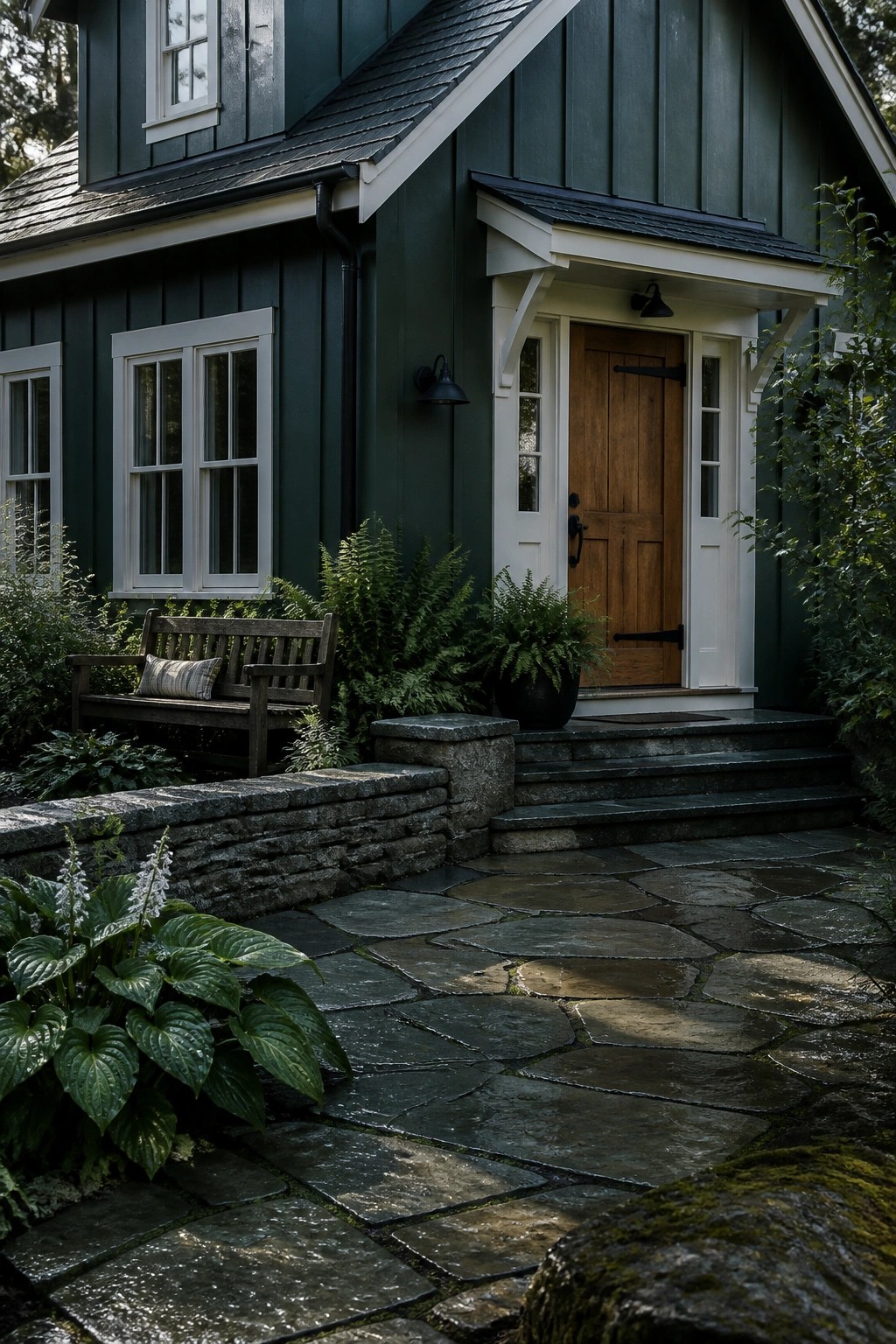 Dark green board and batten siding on a house exterior with white trim.