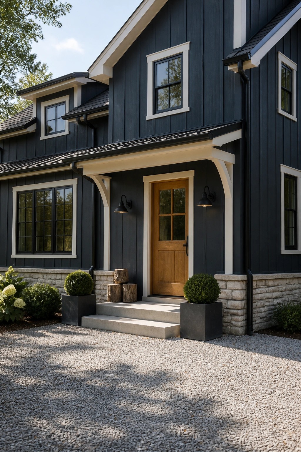Dark blue house with wooden door, white trim, concrete steps, and planters.