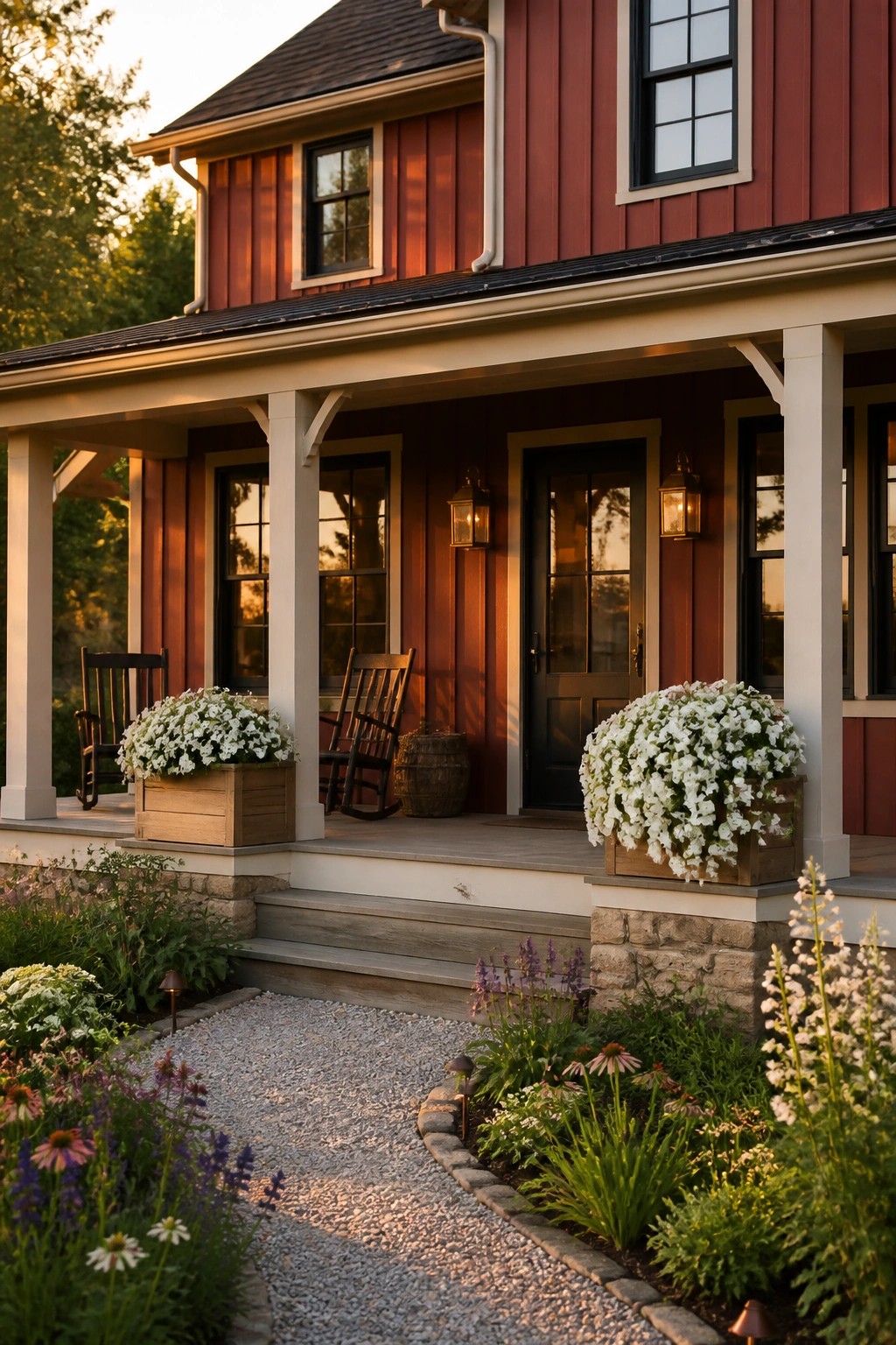 Red board and batten siding on a farmhouse exterior with white trim.