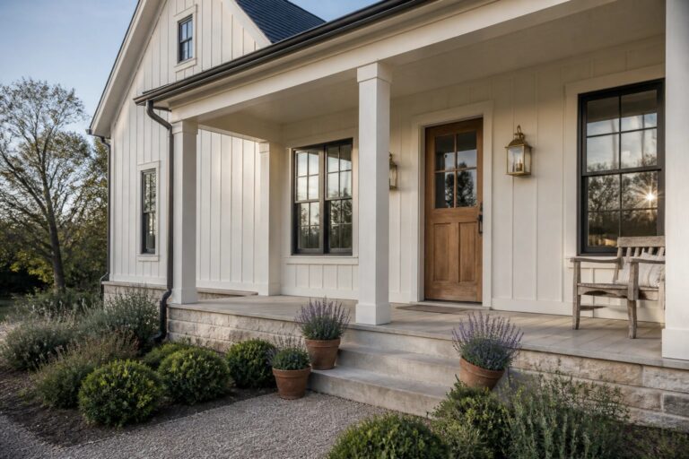 Board and batten siding painted in a warm off-white color on a farmhouse exterior.