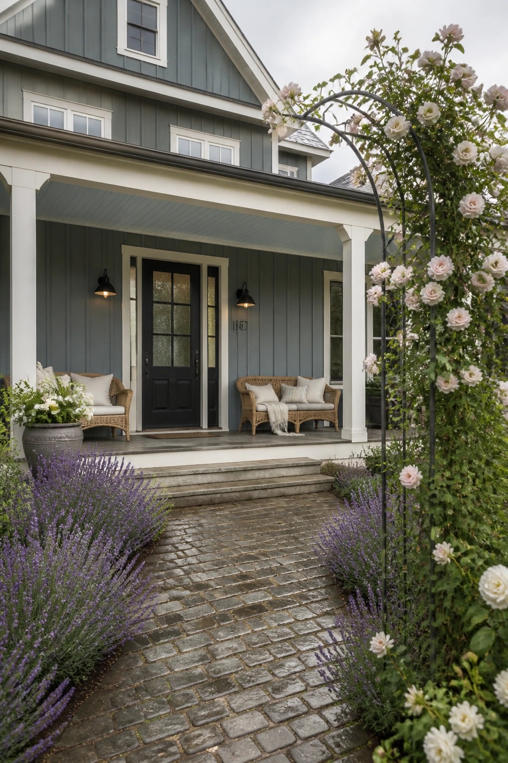 Gray house porch with black door, wicker furniture, lavender, and rose-covered arch.