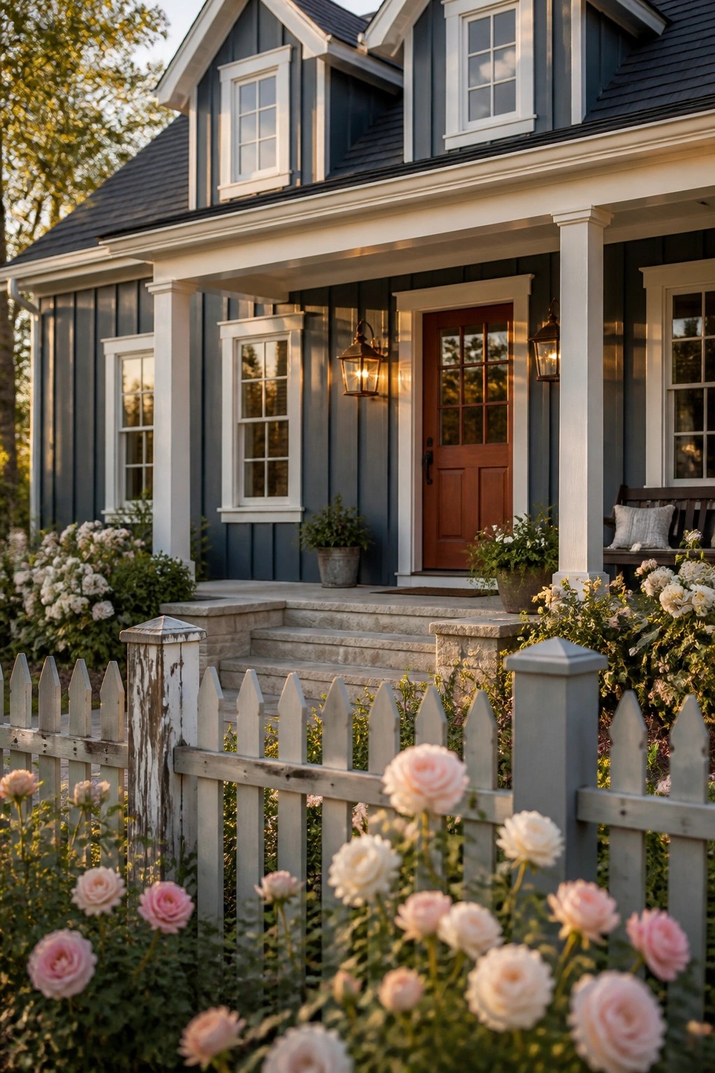 Blue house with white porch, brown door, lanterns, and pink roses by picket fence.